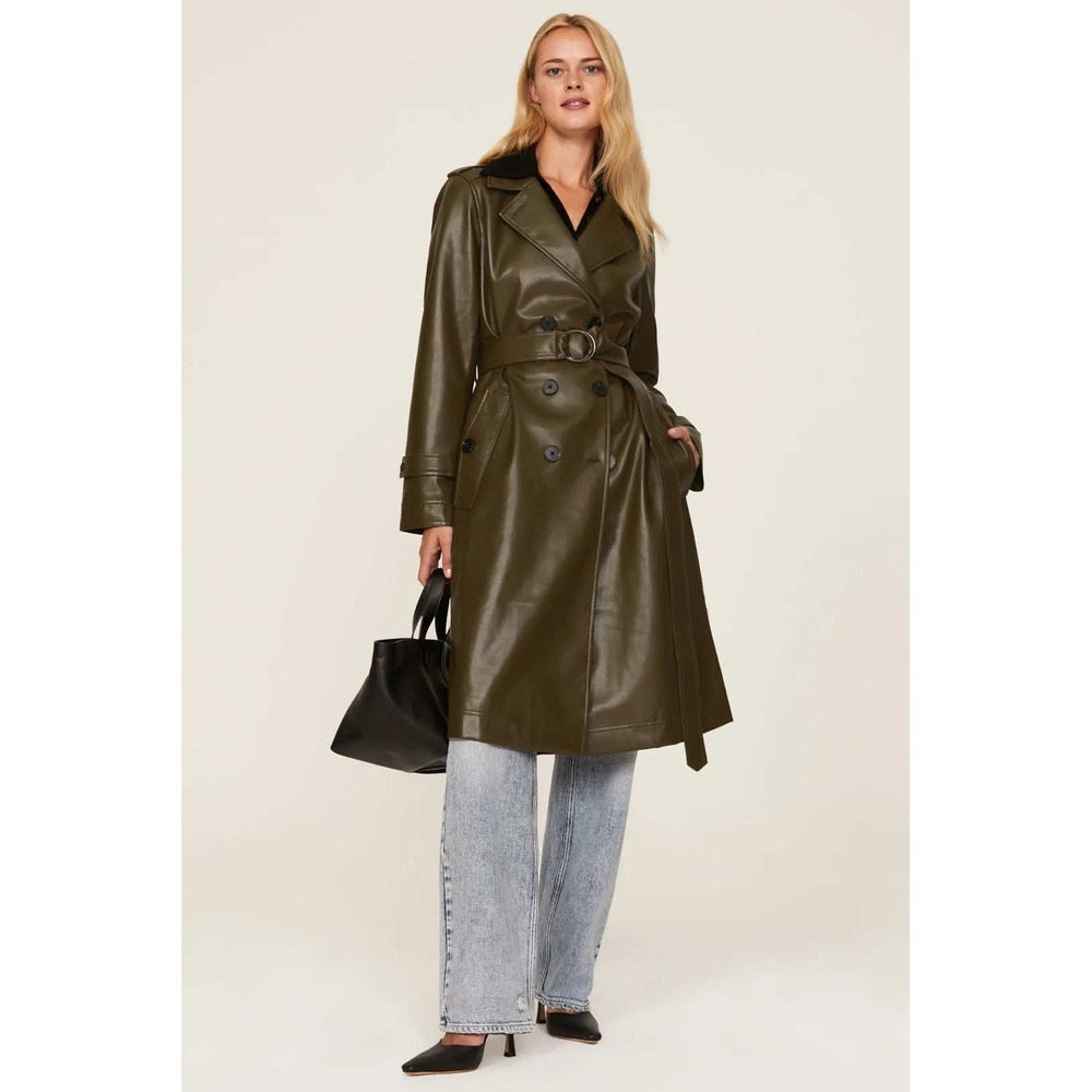 Marissa Webb Faux Leather Trench *NO BELT Coat Olive Green Double Breast Sz 1010